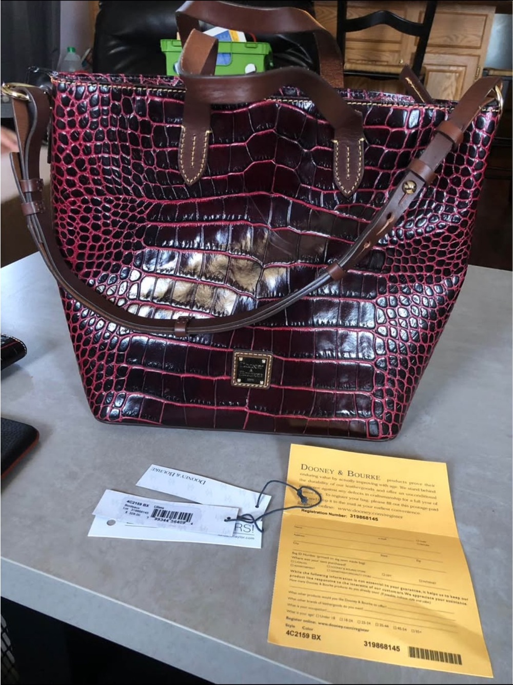Dooney & Bourke Burgundy and Brown Croc-Embossed Leather Tote and wallet
